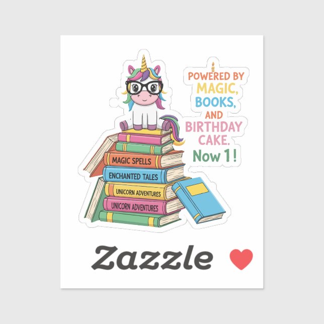 Pegatina Cute Bookworm Unicorn 1er Cumpleaños | Magical Rea (Hoja)