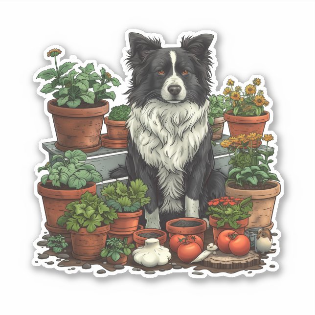Pegatina Cute Border Collie Gardening (Anverso)