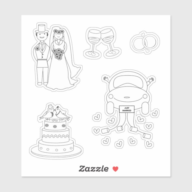 Pegatina Cute Bride Groom Boda Rings Cake Car Graphic (Hoja)
