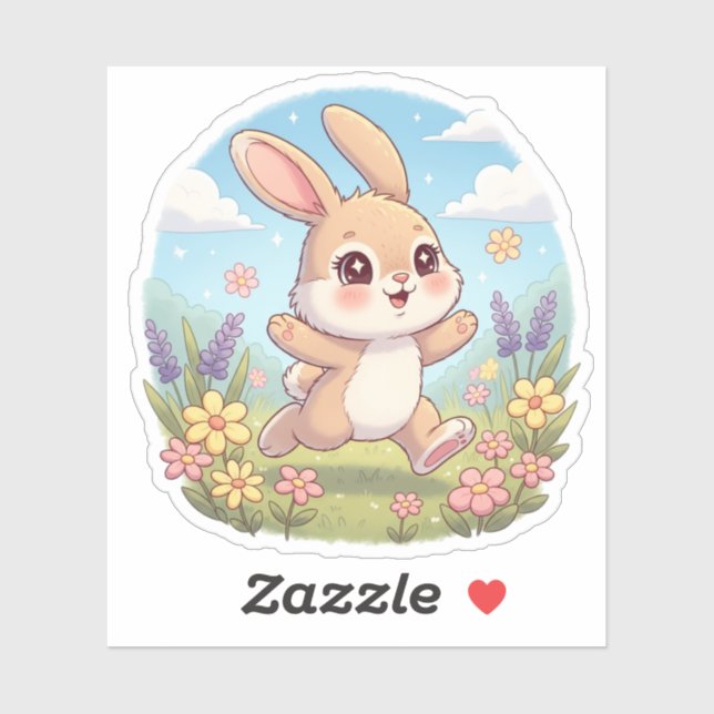 Pegatina Cute Bunny Hopping in a Flower Field (Hoja)
