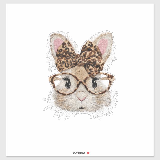 Pegatina Cute Bunny Rabbit Face Leopard Coquette Bow Glasse (Hoja)
