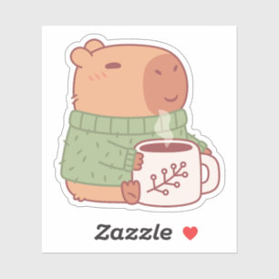 Pegatina Cute Capybara con suéter y café caliente