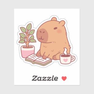Pegatina Cute Capybara Disfrutando de una Buena Lectura y C