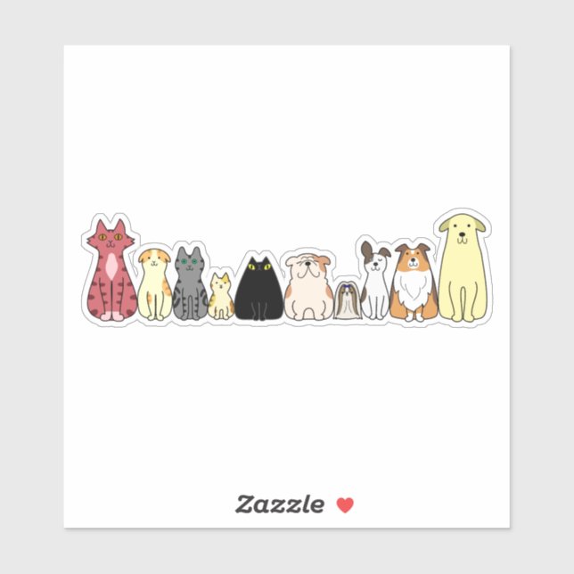 Pegatina cute cartoon dogs and cats in a row sticker (Hoja)