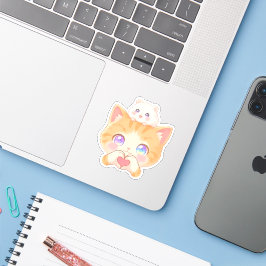 Pegatina Cute Cat Heart Hands with Hamster on Head Sticker
