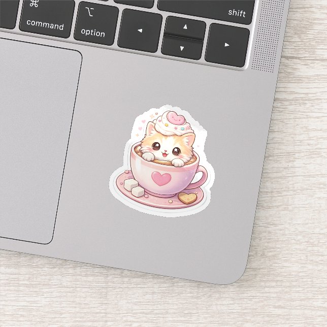 Pegatina Cute Cat in Coffee Cup Kawaii Sticker (Detalle)