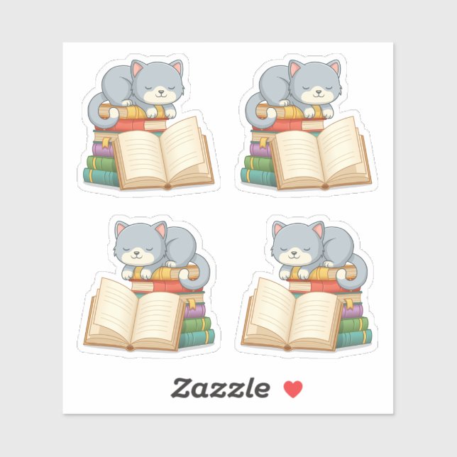 Pegatina Cute Cat on top of a Book Stack, Set of 4 (Hoja)