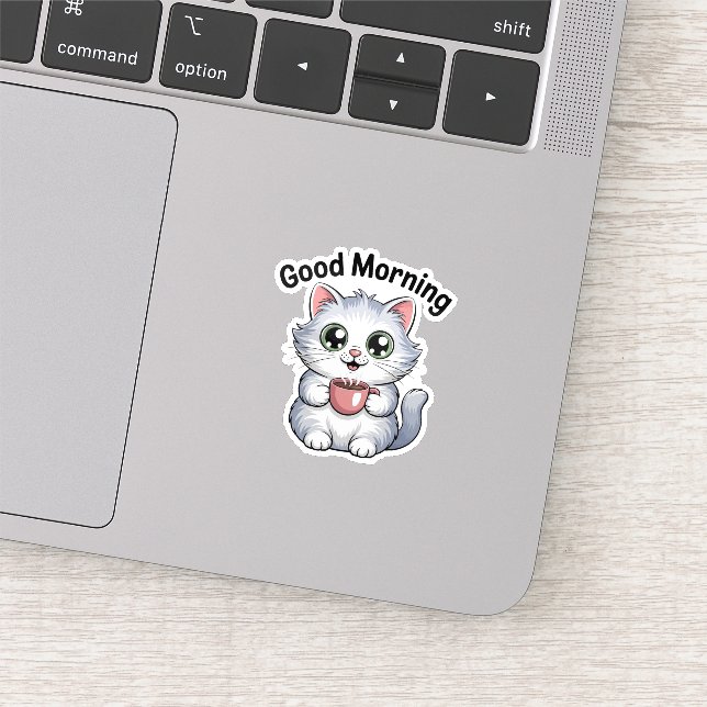 Pegatina Cute Cat with Coffee “Good Morning” Sticker (Detalle)