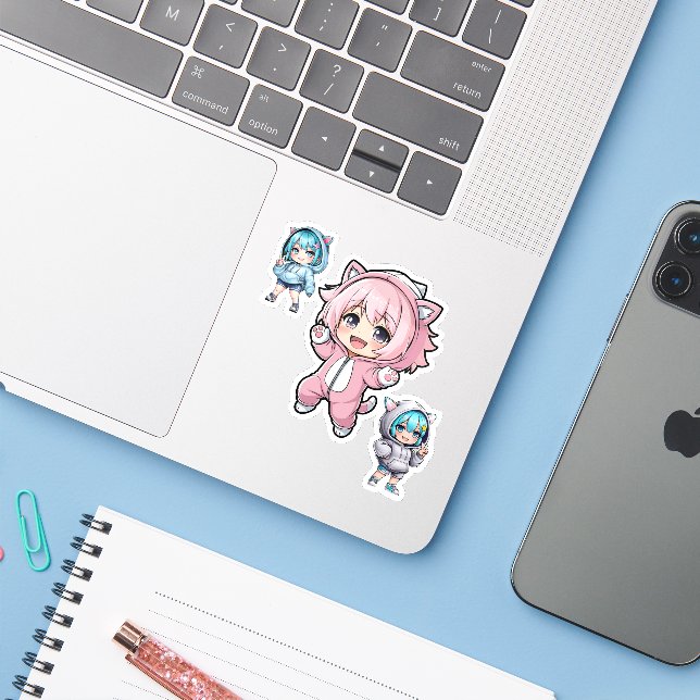 Pegatina Cute Chibi Anime Cat Hoodie Girl Vinyl Sticker (Ordenado portátil con iPhone)