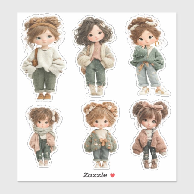 Pegatina Cute Chibi Girl Sticker Sheet  6 Adorable Stickers (Hoja)