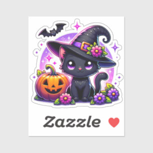 Pegatina Cute Chibi Halloween Gato negro y Calabaza