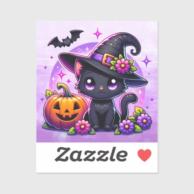 Pegatina Cute Chibi Halloween Gato negro y Calabaza (Hoja)