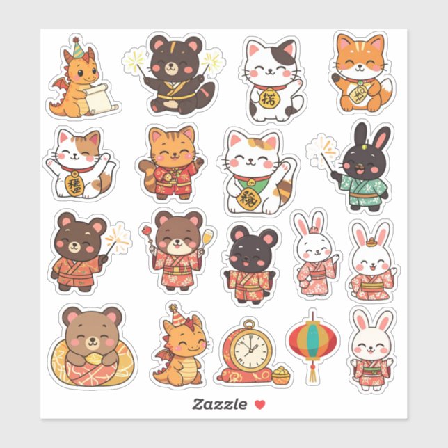 Pegatina Cute Chibi Lunar New Year Animals Vinyl Stickers (Hoja)