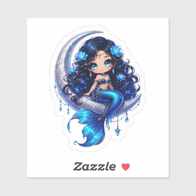 Pegatina Cute Chibi Sirena Celestial en la Luna Creciente S (Hoja)