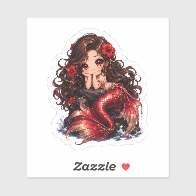 Pegatina Cute Chibi Sirena Roja con Flores de Hibisco (Hoja)