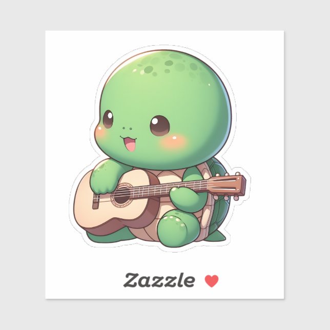 Pegatina Cute Chibi Tortuga tocando guitarra (Hoja)