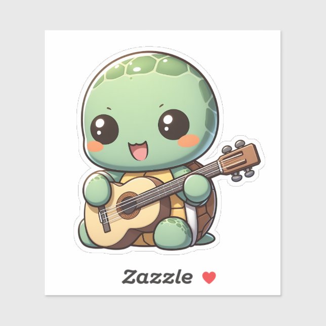 Pegatina Cute Chibi Tortuga tocando guitarra (Hoja)