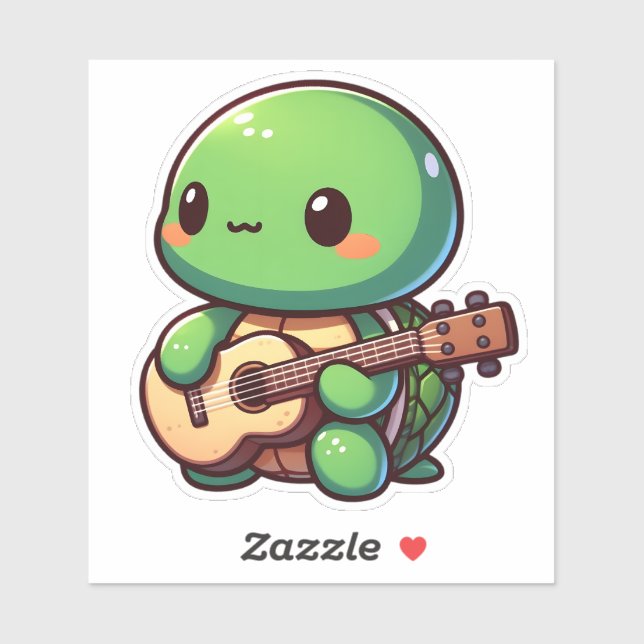 Pegatina Cute Chibi Tortuga tocando guitarra (Hoja)