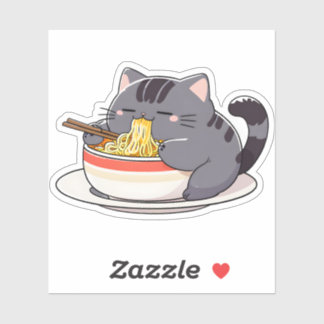 Pegatina Cute Chubby Cat Enjoying Ramen Noodles