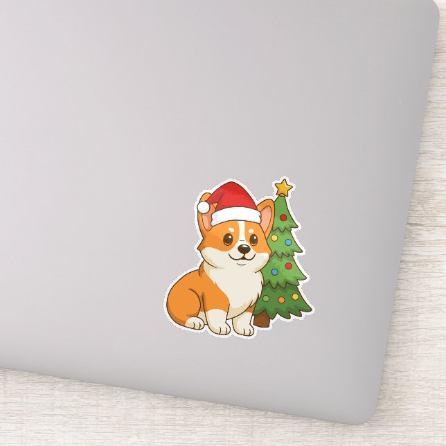 Pegatina Cute Corgi Dog in a Red Hat with Christmas Tree (Detalle)