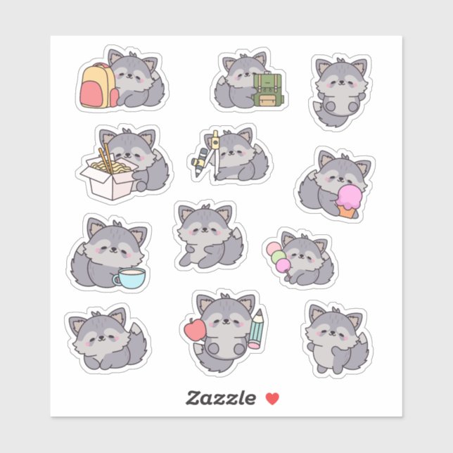 Pegatina Cute Cozy School Happy Wolf Chibi Sticker Set Pack (Hoja)