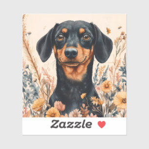 Pegatina Cute Dachshund con pintura de flores silvestres