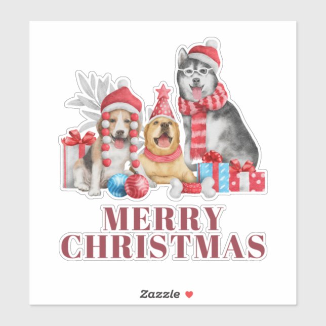 Pegatina Cute Dogs Merry Christmas Holiday Sticker (Hoja)