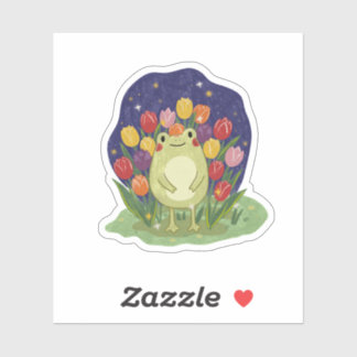 Pegatina Cute Frog in a Tulip Garden at Night Illustration