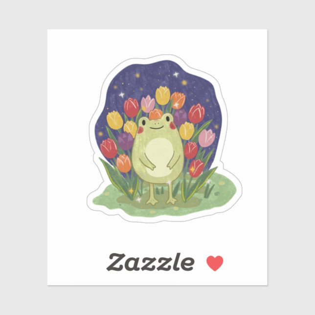 Pegatina Cute Frog in a Tulip Garden at Night Illustration (Hoja)