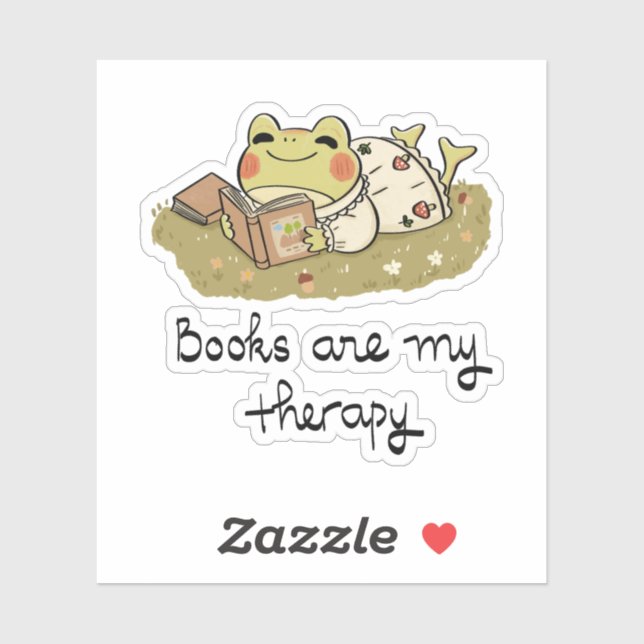 Pegatina Cute Frog Reading - Books Are My Therapy (Hoja)