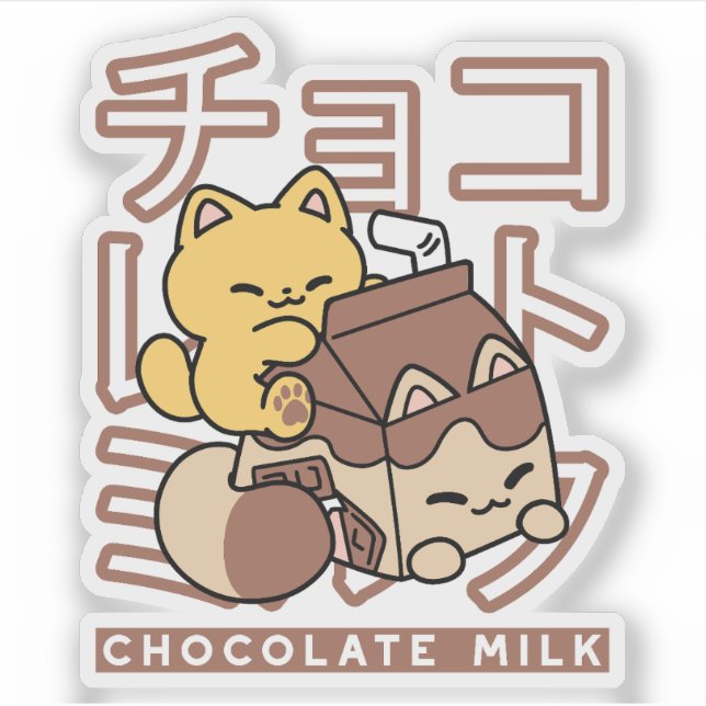 Pegatina Cute gato montando leche de chocolate Carton Kawai (Anverso)