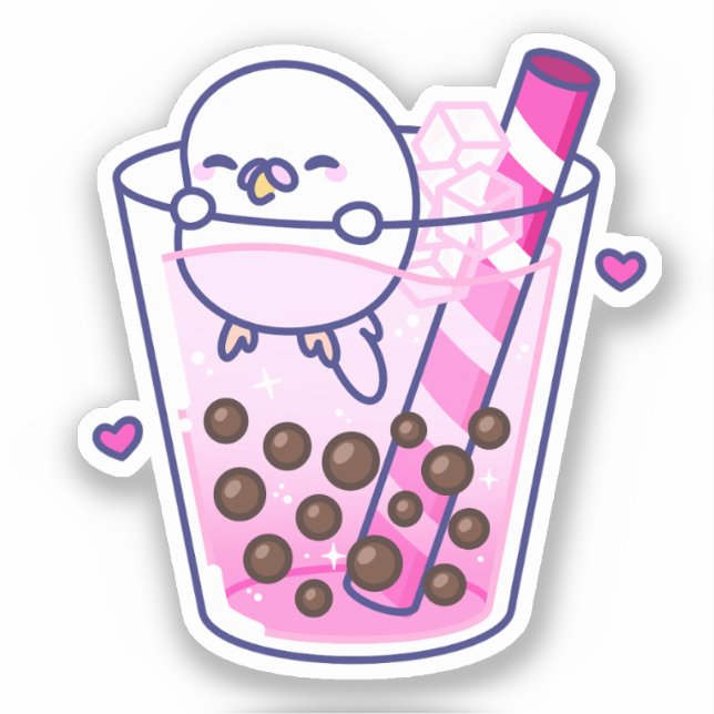 Pegatina Cute Girly Pink Budgie Boba Bubble Tea (Anverso)
