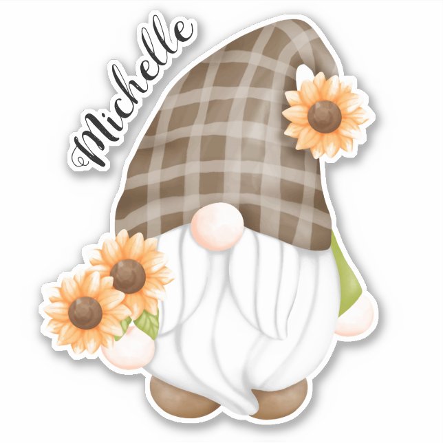 Pegatina Cute Gnome y Sunflowers (Anverso)