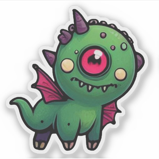 Pegatina Cute Green Cyclops Monster - Kawaii Dragon Beast (Anverso)