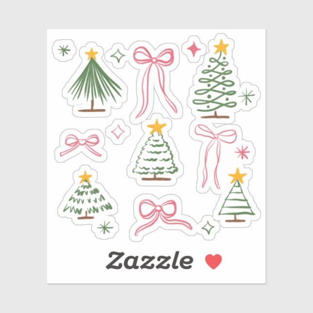 Pegatina Cute Hand Drawn Christmas Trees and Bows Pattern (Hoja)