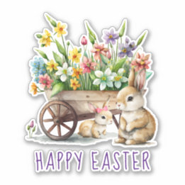 Pegatina Cute Happy Easter Bunnies and Flowes
