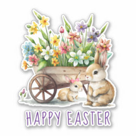 Pegatina Cute Happy Easter Bunnies and Flowes