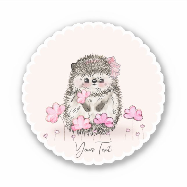 Pegatina Cute Hedgehog & Flowers Texto Rosa (Anverso)