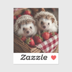 Pegatina Cute Hedgehogs buscando desde una cesta de fresas