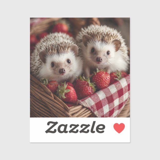 Pegatina Cute Hedgehogs buscando desde una cesta de fresas (Hoja)