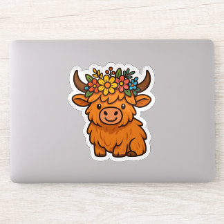 Pegatina Cute Highland Cow Sticker with Floral Crown