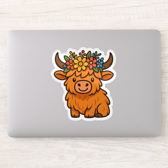 Pegatina Cute Highland Cow Sticker with Floral Crown (Ordenador)