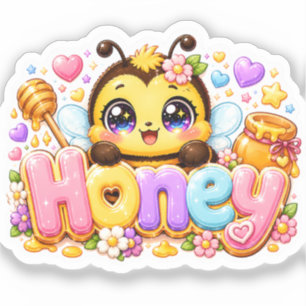 Pegatina Cute Kawaii Abeja Miel Nombre Pastel Rosa Brillant