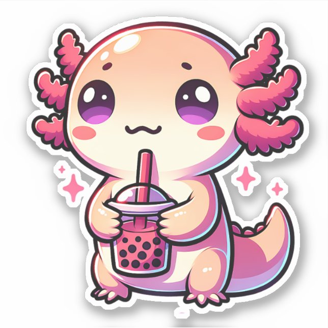 Pegatina Cute Kawaii Axolotl con té de burbuja (Anverso)