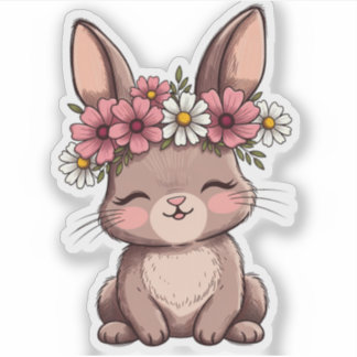 Pegatina Cute Kawaii Bunny With Pink Flower Crown Sticker -