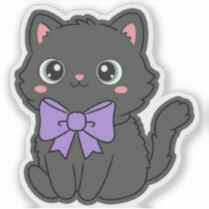 Pegatina Cute Kawaii Gato Esponjoso Lazo Morado Grande Viny