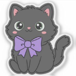 Pegatina Cute Kawaii Gato Esponjoso Lazo Morado Grande Viny