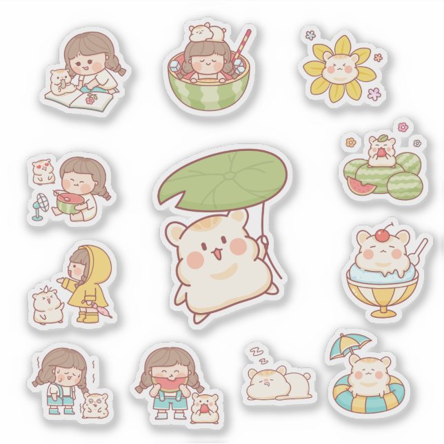 Pegatina Cute Kawaii Girl and Bear Stickers (Anverso)