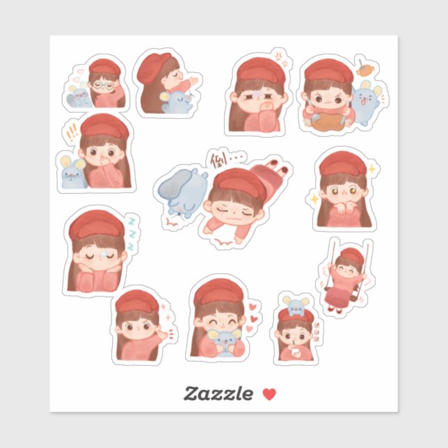 Pegatina Cute Kawaii Girl Stickers (Hoja)