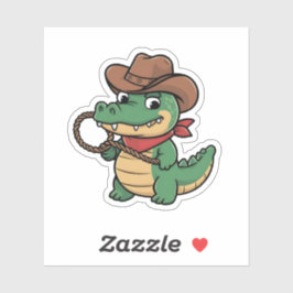 Pegatina Cute Kawaii Green Alligator Cowboy Gorra y Lasso